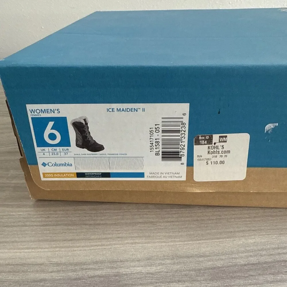 Columbia Women's Ice Maiden II Snow Boots Waterproof Grey Size 6‎ W Box